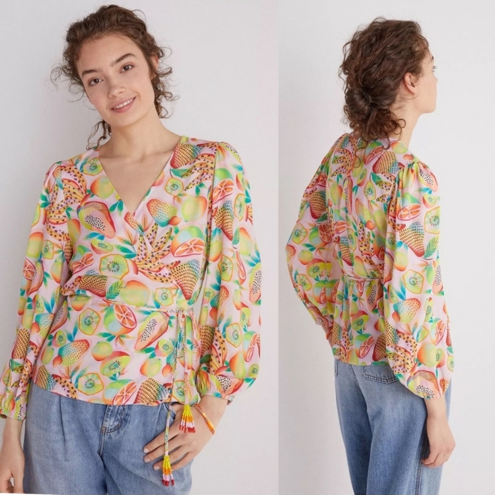 Anthropologie Farm Rio Rainbow Forest Fruits Print Wrap Blouse